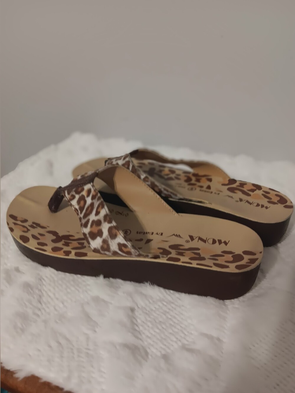 Leopard Print Wedge Flip Flops - Brown